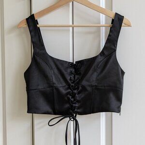 Black Satin Crop Corset Bodice Top Front Tie Side Zip Fully Lined Goth Renfaire